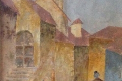 RIENTRO A CASA; BORGHI Olio su legno, - cm. 63 x 50